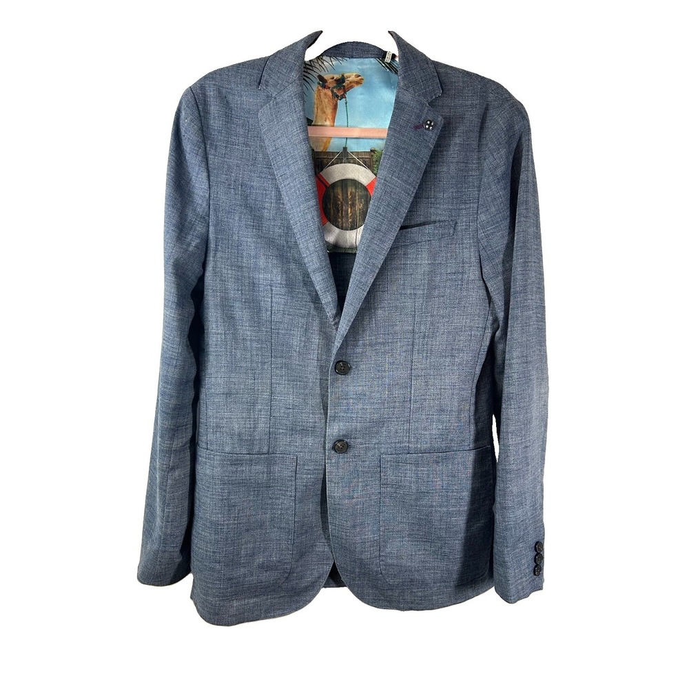 Ted Baker London Linen Blend Blazer Blue Camel Graphic Print Lining Mens Sz 2/S